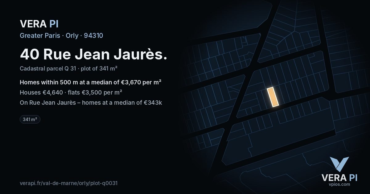 40 Rue Jean Jaurès, Orly at night – the plot lit, the parcels around coloured by the prices near them