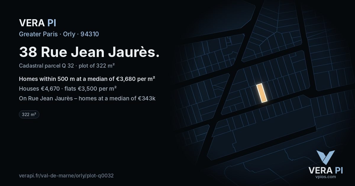38 Rue Jean Jaurès, Orly at night – the plot lit, the parcels around coloured by the prices near them
