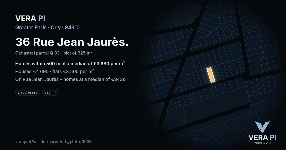 36 Rue Jean Jaurès, Orly at night – the plot lit, the parcels around coloured by the prices near them