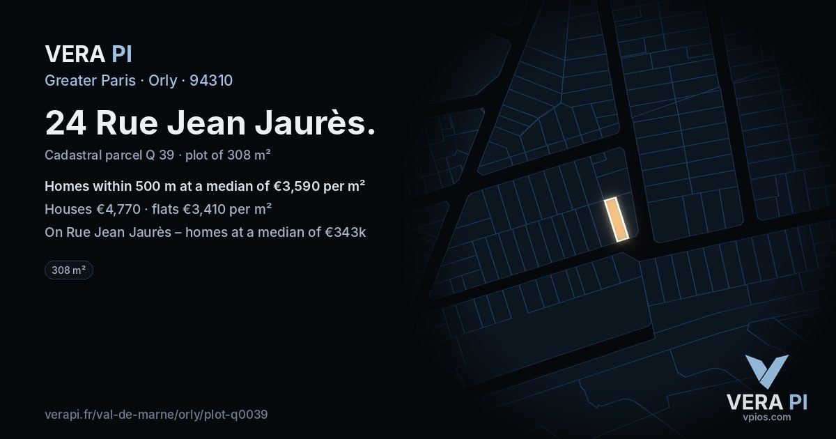24 Rue Jean Jaurès, Orly at night – the plot lit, the parcels around coloured by the prices near them