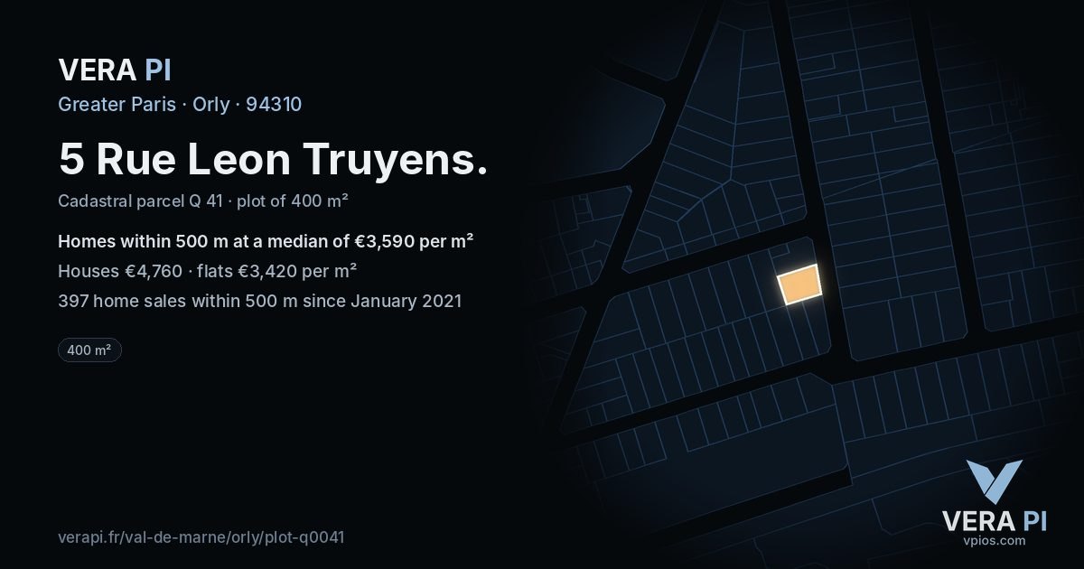 5 Rue Leon Truyens, Orly at night – the plot lit, the parcels around coloured by the prices near them
