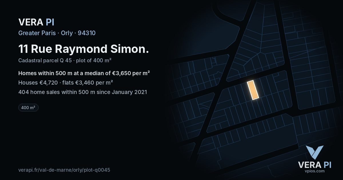 11 Rue Raymond Simon, Orly at night – the plot lit, the parcels around coloured by the prices near them