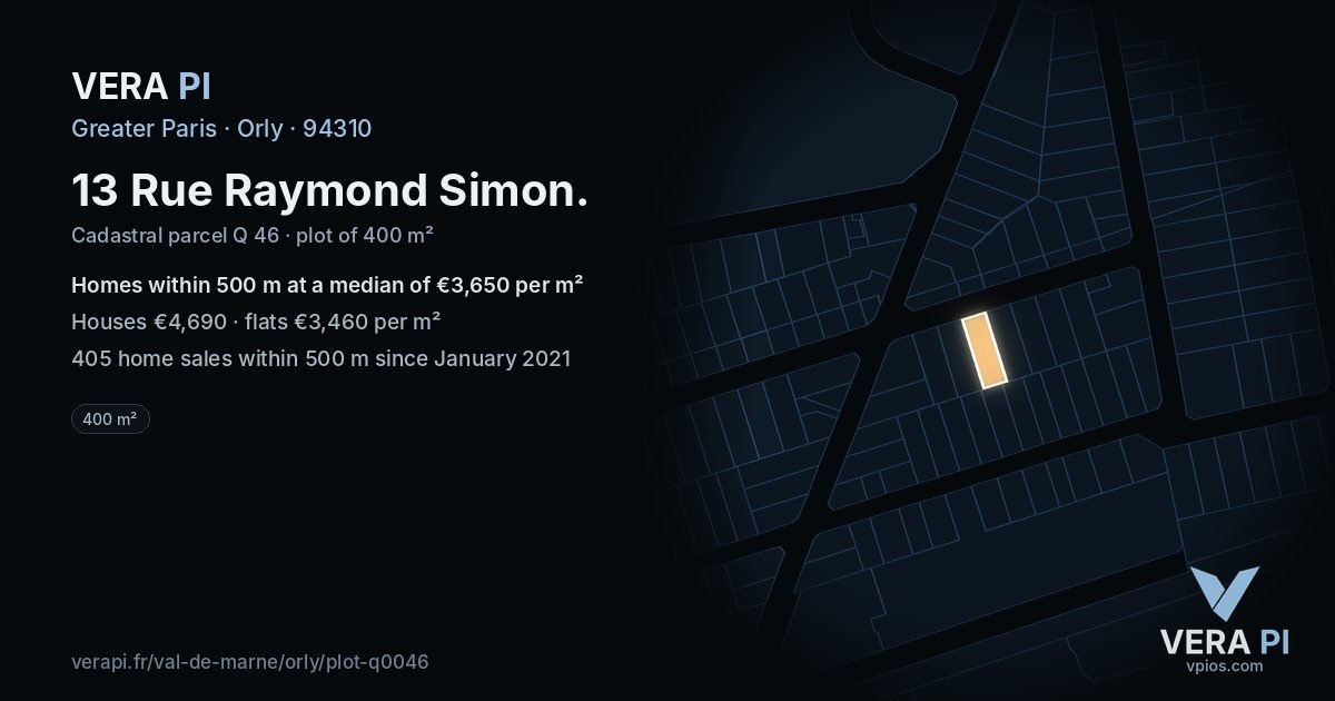 13 Rue Raymond Simon, Orly at night – the plot lit, the parcels around coloured by the prices near them