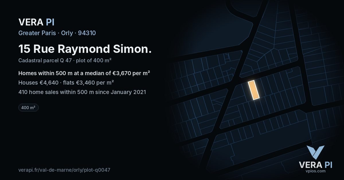 15 Rue Raymond Simon, Orly at night – the plot lit, the parcels around coloured by the prices near them