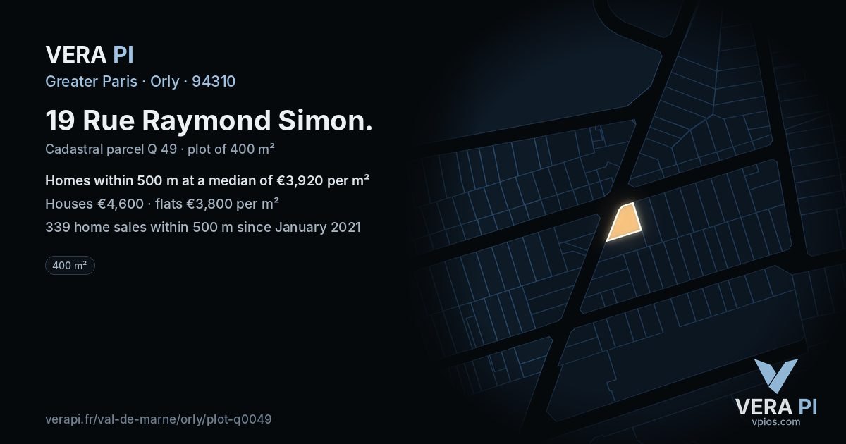 19 Rue Raymond Simon, Orly at night – the plot lit, the parcels around coloured by the prices near them