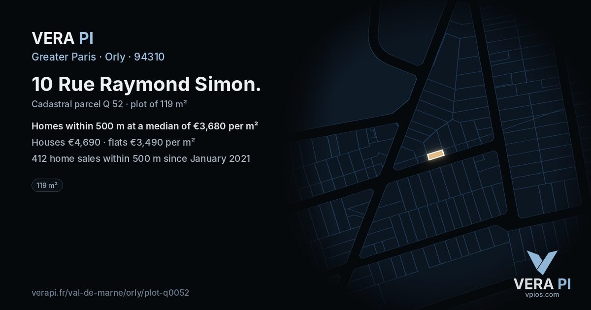 10 Rue Raymond Simon, Orly at night – the plot lit, the parcels around coloured by the prices near them