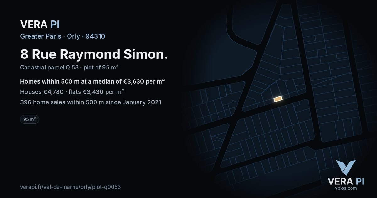 8 Rue Raymond Simon, Orly at night – the plot lit, the parcels around coloured by the prices near them