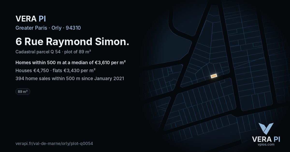 6 Rue Raymond Simon, Orly at night – the plot lit, the parcels around coloured by the prices near them