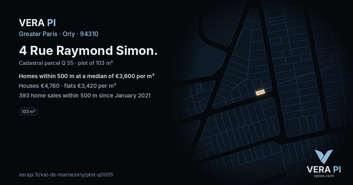4 Rue Raymond Simon, Orly at night – the plot lit, the parcels around coloured by the prices near them