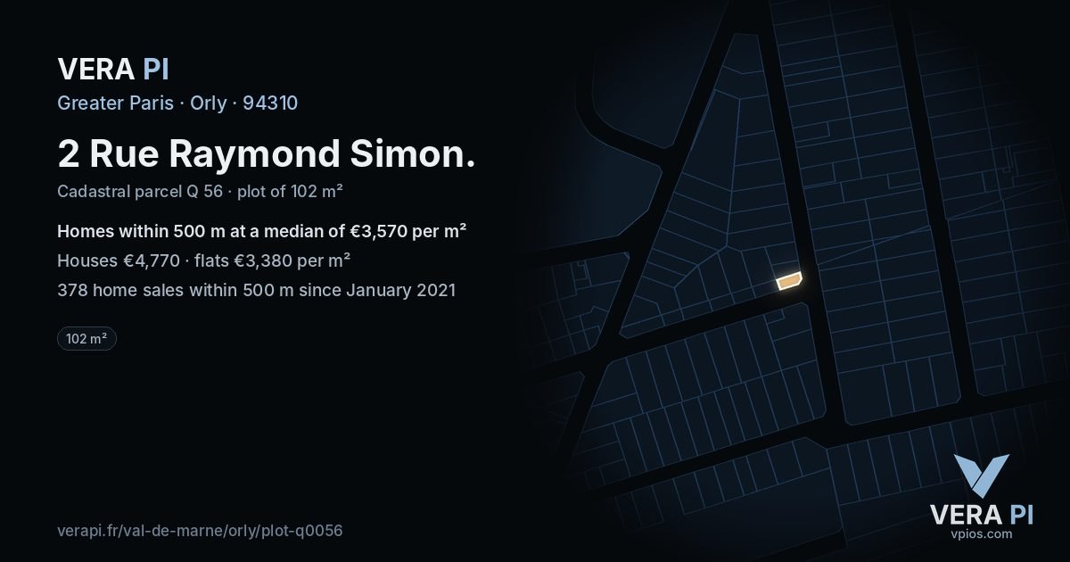 2 Rue Raymond Simon, Orly at night – the plot lit, the parcels around coloured by the prices near them