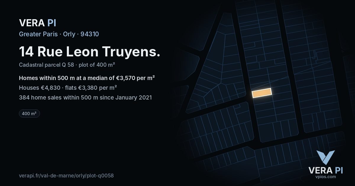 14 Rue Leon Truyens, Orly at night – the plot lit, the parcels around coloured by the prices near them