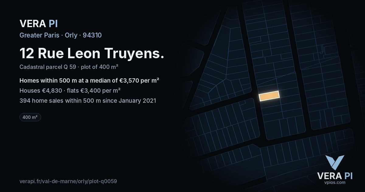 12 Rue Leon Truyens, Orly at night – the plot lit, the parcels around coloured by the prices near them