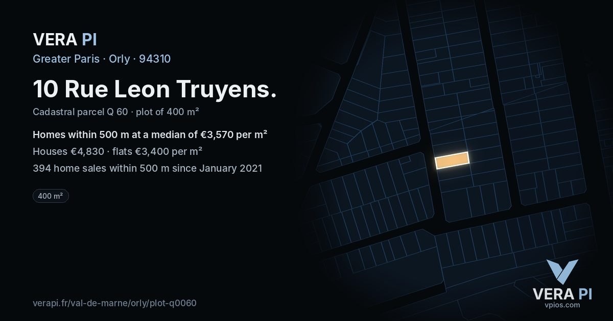 10 Rue Leon Truyens, Orly at night – the plot lit, the parcels around coloured by the prices near them