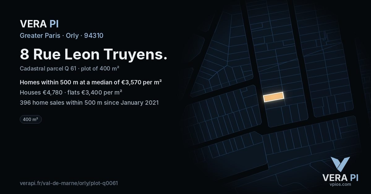 8 Rue Leon Truyens, Orly at night – the plot lit, the parcels around coloured by the prices near them