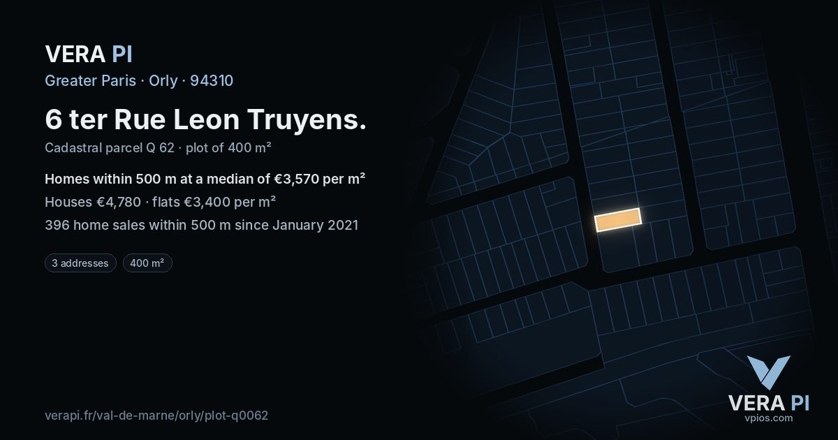 6 ter Rue Leon Truyens, Orly at night – the plot lit, the parcels around coloured by the prices near them