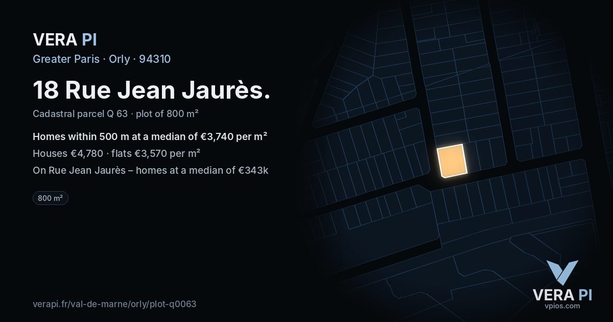 18 Rue Jean Jaurès, Orly at night – the plot lit, the parcels around coloured by the prices near them