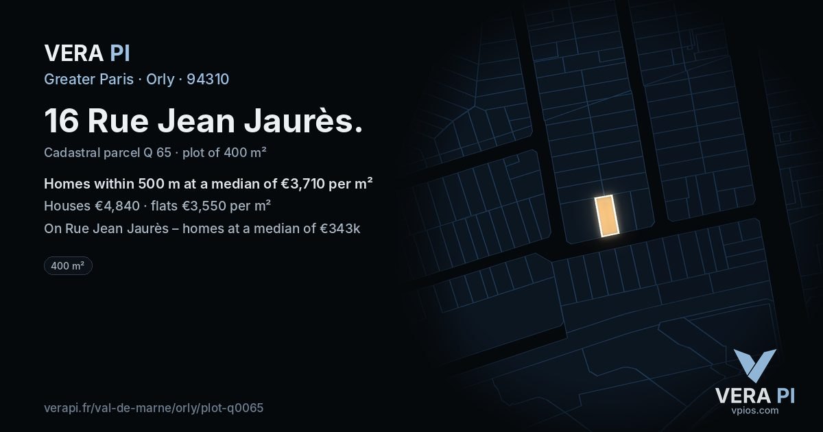16 Rue Jean Jaurès, Orly at night – the plot lit, the parcels around coloured by the prices near them