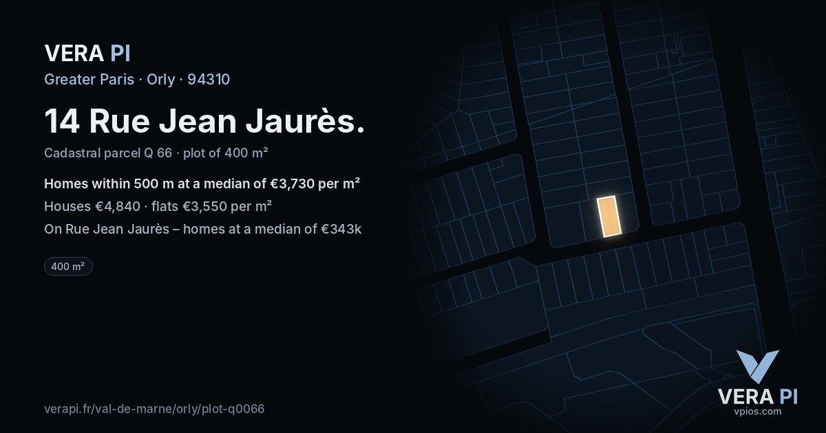 14 Rue Jean Jaurès, Orly at night – the plot lit, the parcels around coloured by the prices near them