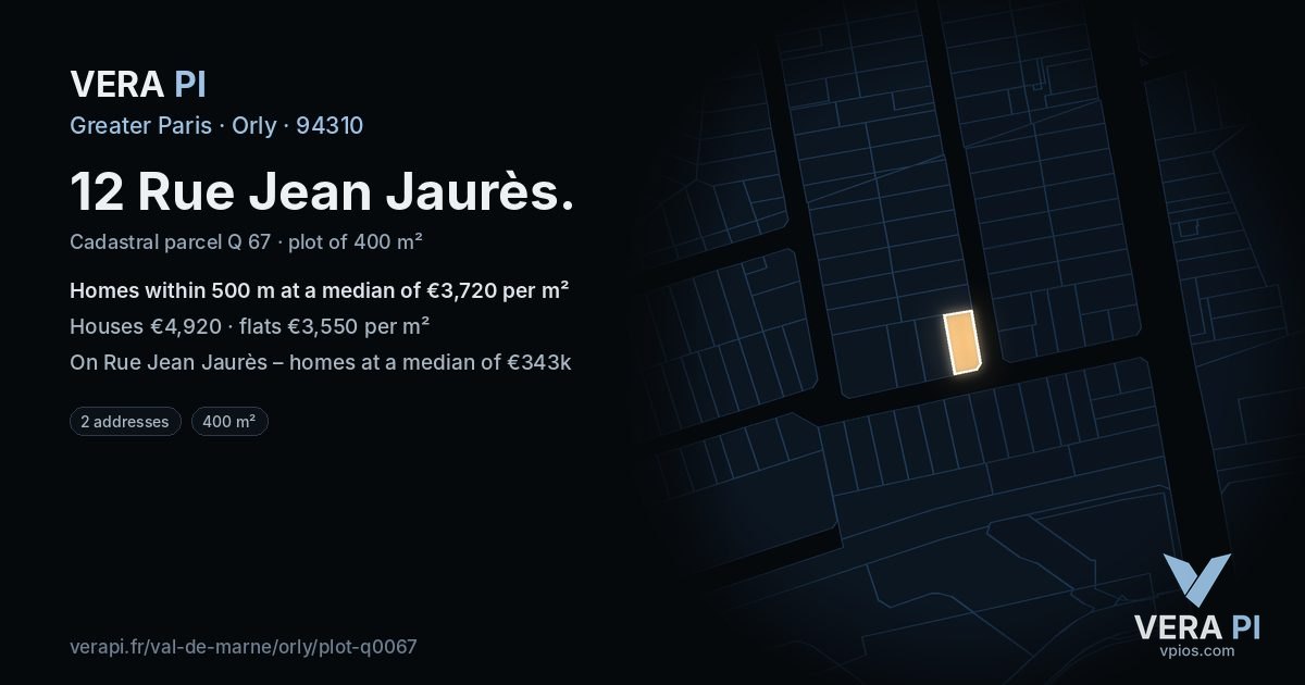 12 Rue Jean Jaurès, Orly at night – the plot lit, the parcels around coloured by the prices near them