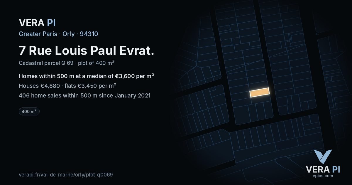 7 Rue Louis Paul Evrat, Orly at night – the plot lit, the parcels around coloured by the prices near them
