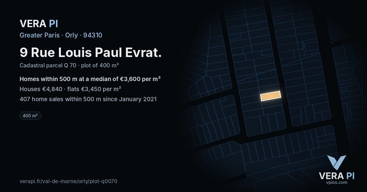 9 Rue Louis Paul Evrat, Orly at night – the plot lit, the parcels around coloured by the prices near them