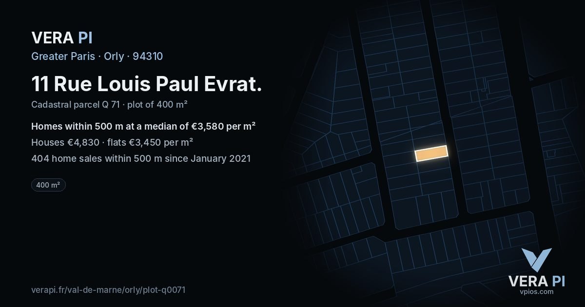11 Rue Louis Paul Evrat, Orly at night – the plot lit, the parcels around coloured by the prices near them