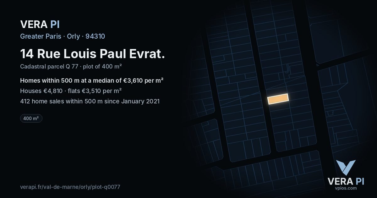 14 Rue Louis Paul Evrat, Orly at night – the plot lit, the parcels around coloured by the prices near them