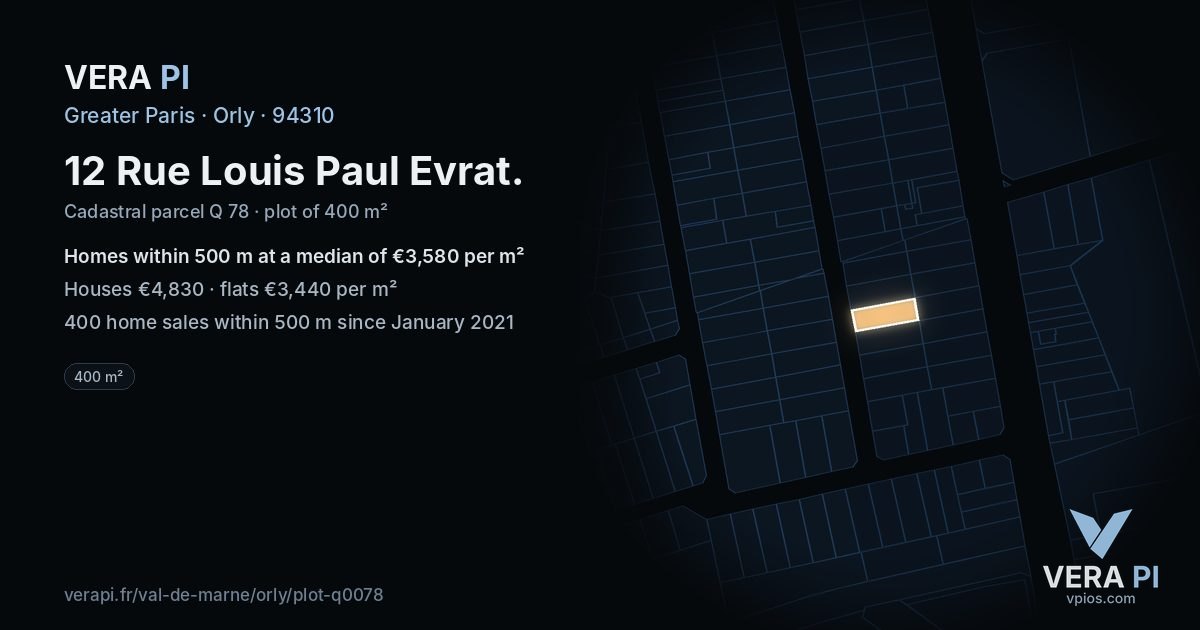 12 Rue Louis Paul Evrat, Orly at night – the plot lit, the parcels around coloured by the prices near them