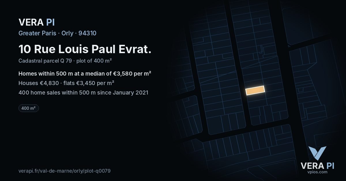 10 Rue Louis Paul Evrat, Orly at night – the plot lit, the parcels around coloured by the prices near them