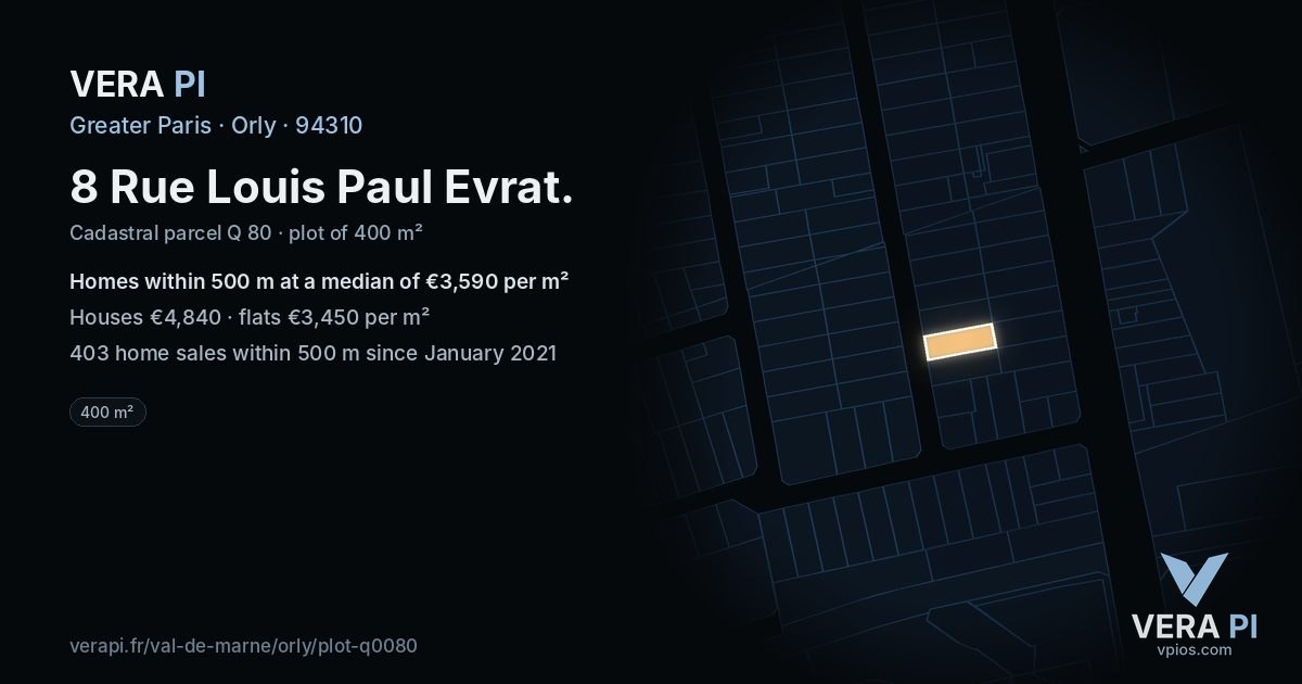 8 Rue Louis Paul Evrat, Orly at night – the plot lit, the parcels around coloured by the prices near them