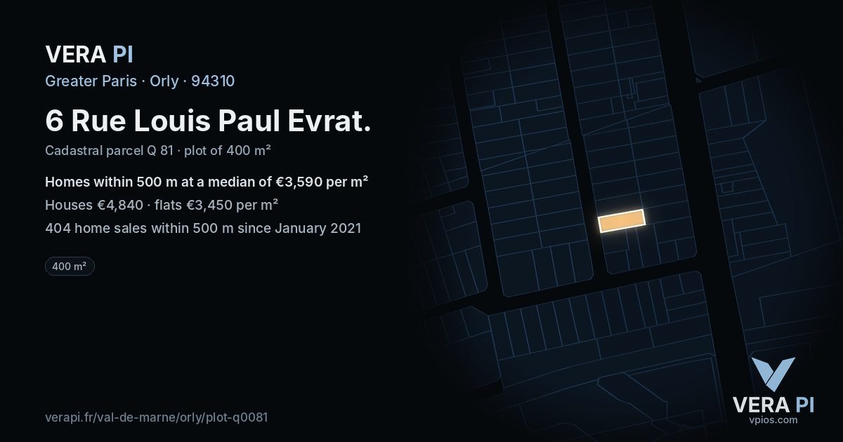 6 Rue Louis Paul Evrat, Orly at night – the plot lit, the parcels around coloured by the prices near them