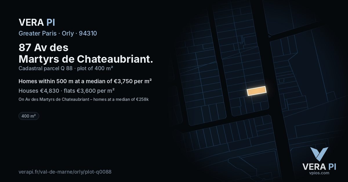 87 Av des Martyrs de Chateaubriant, Orly at night – the plot lit, the parcels around coloured by the prices near them