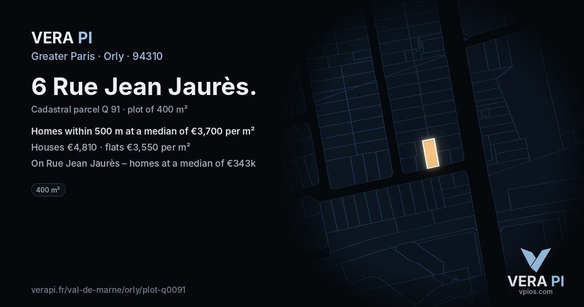 6 Rue Jean Jaurès, Orly at night – the plot lit, the parcels around coloured by the prices near them