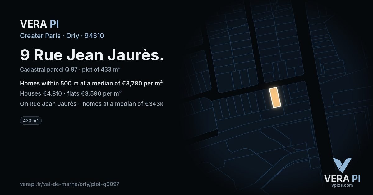 9 Rue Jean Jaurès, Orly at night – the plot lit, the parcels around coloured by the prices near them