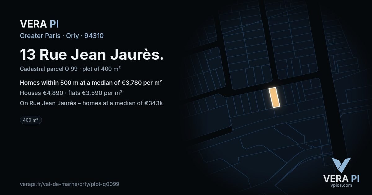 13 Rue Jean Jaurès, Orly at night – the plot lit, the parcels around coloured by the prices near them