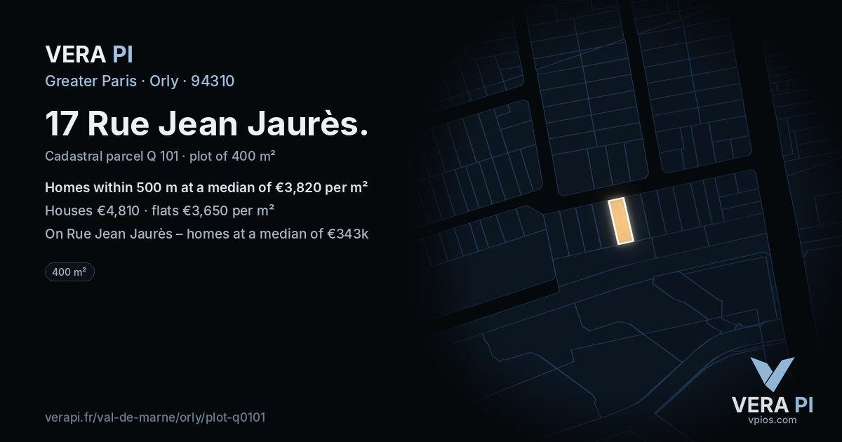 17 Rue Jean Jaurès, Orly at night – the plot lit, the parcels around coloured by the prices near them
