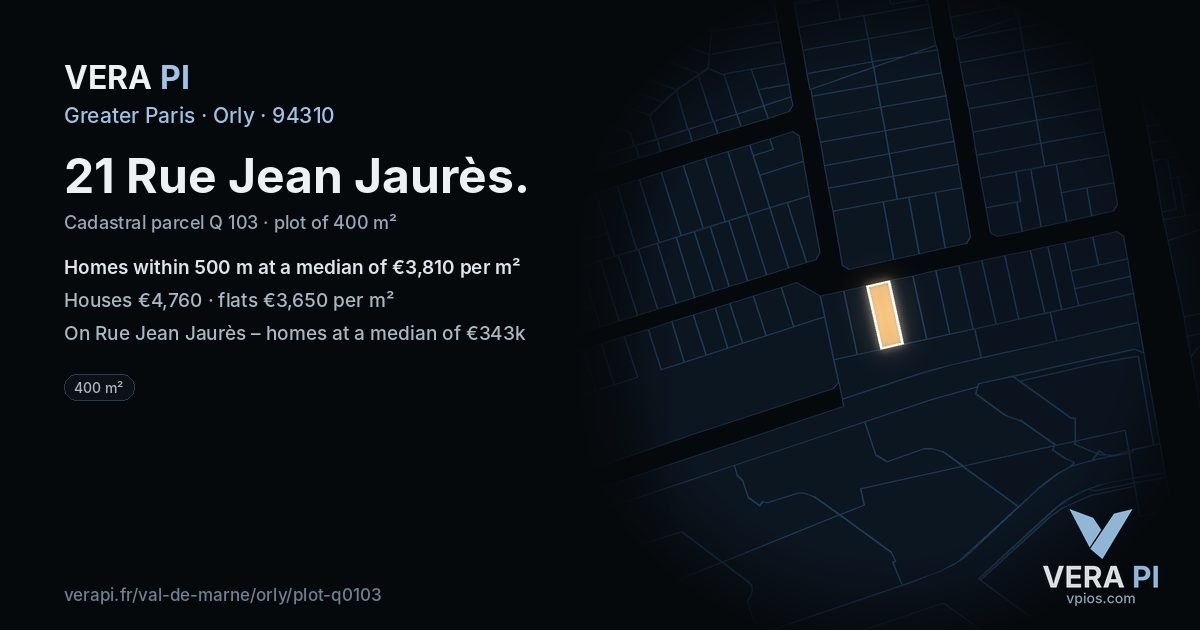 21 Rue Jean Jaurès, Orly at night – the plot lit, the parcels around coloured by the prices near them