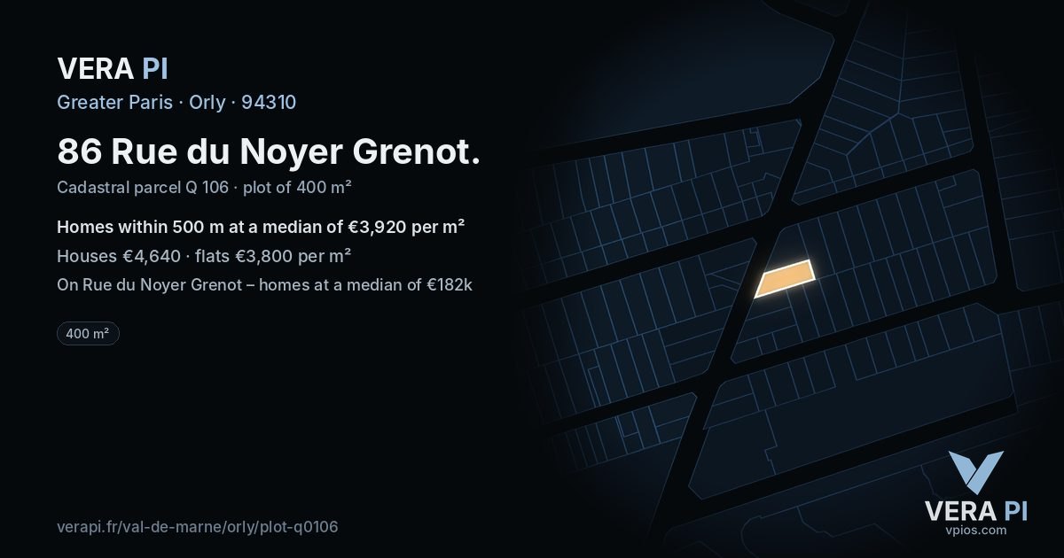 86 Rue du Noyer Grenot, Orly at night – the plot lit, the parcels around coloured by the prices near them
