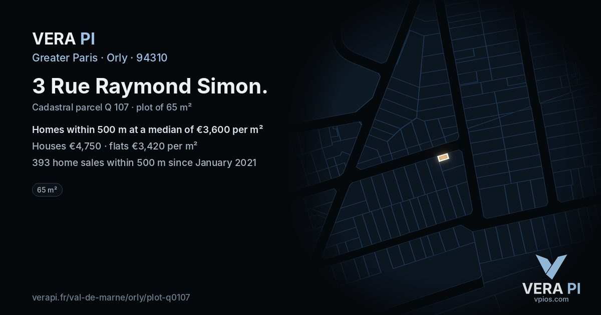 3 Rue Raymond Simon, Orly at night – the plot lit, the parcels around coloured by the prices near them