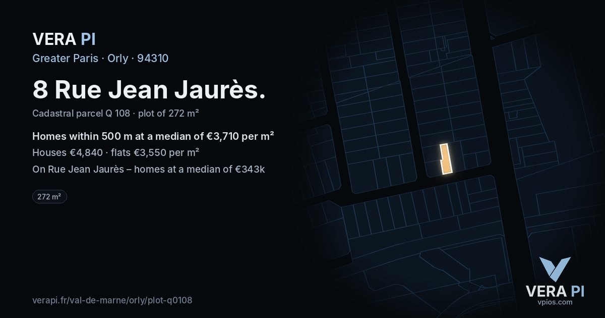 8 Rue Jean Jaurès, Orly at night – the plot lit, the parcels around coloured by the prices near them