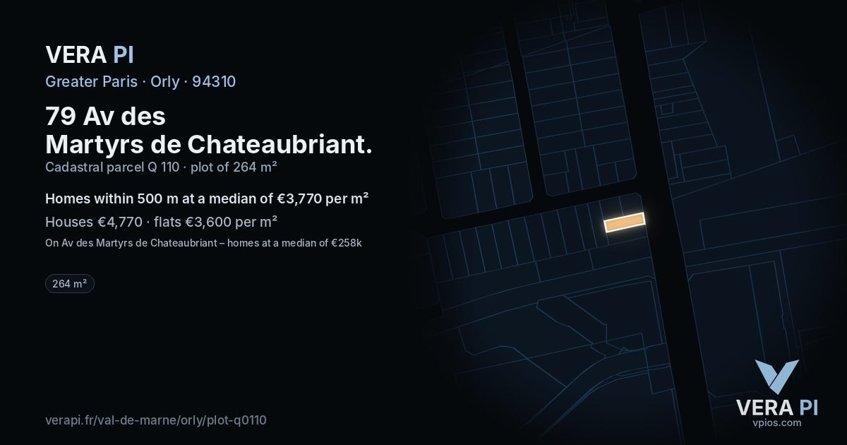 79 Av des Martyrs de Chateaubriant, Orly at night – the plot lit, the parcels around coloured by the prices near them