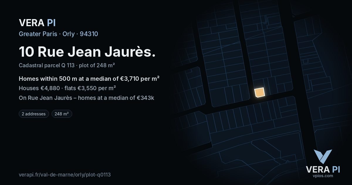 10 Rue Jean Jaurès, Orly at night – the plot lit, the parcels around coloured by the prices near them