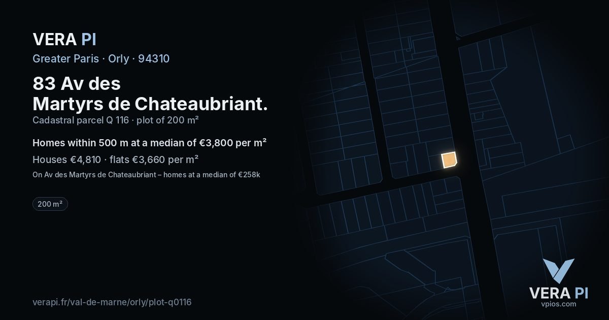 83 Av des Martyrs de Chateaubriant, Orly at night – the plot lit, the parcels around coloured by the prices near them