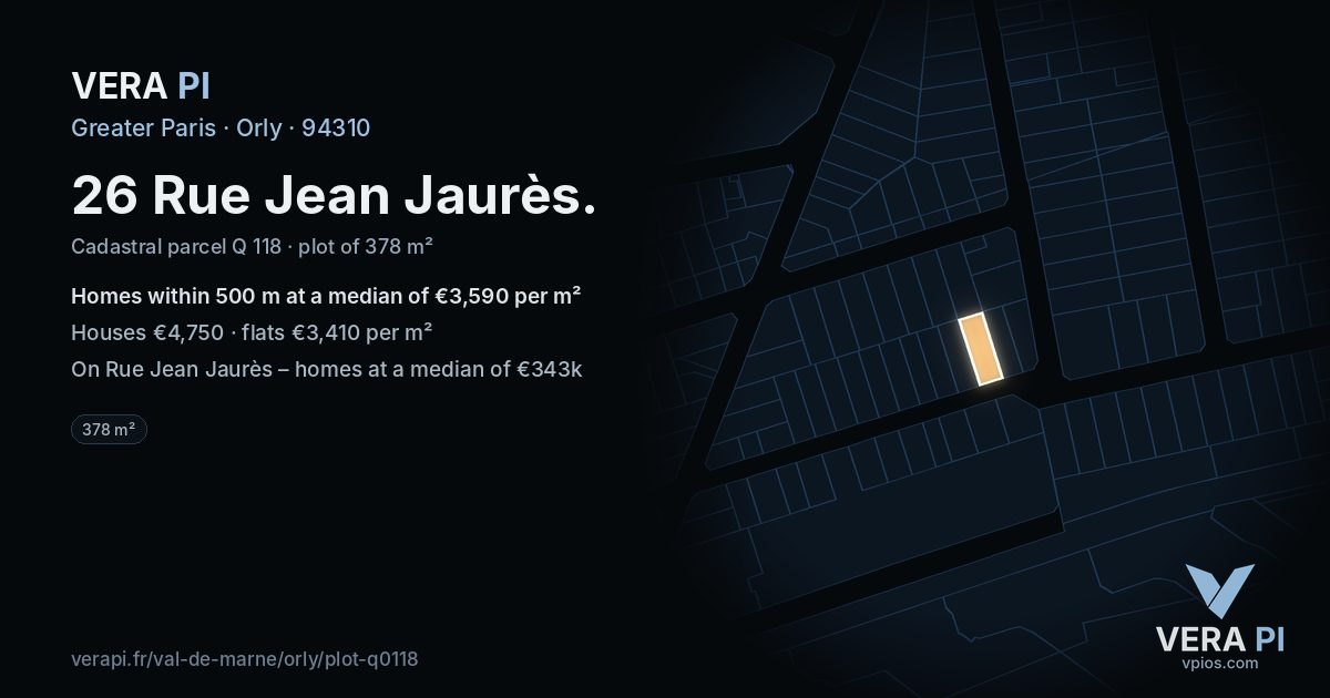 26 Rue Jean Jaurès, Orly at night – the plot lit, the parcels around coloured by the prices near them