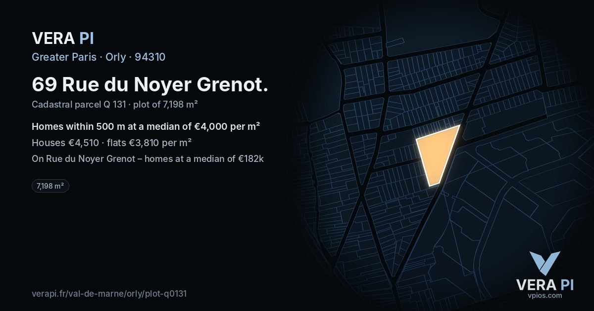 69 Rue du Noyer Grenot, Orly at night – the plot lit, the parcels around coloured by the prices near them