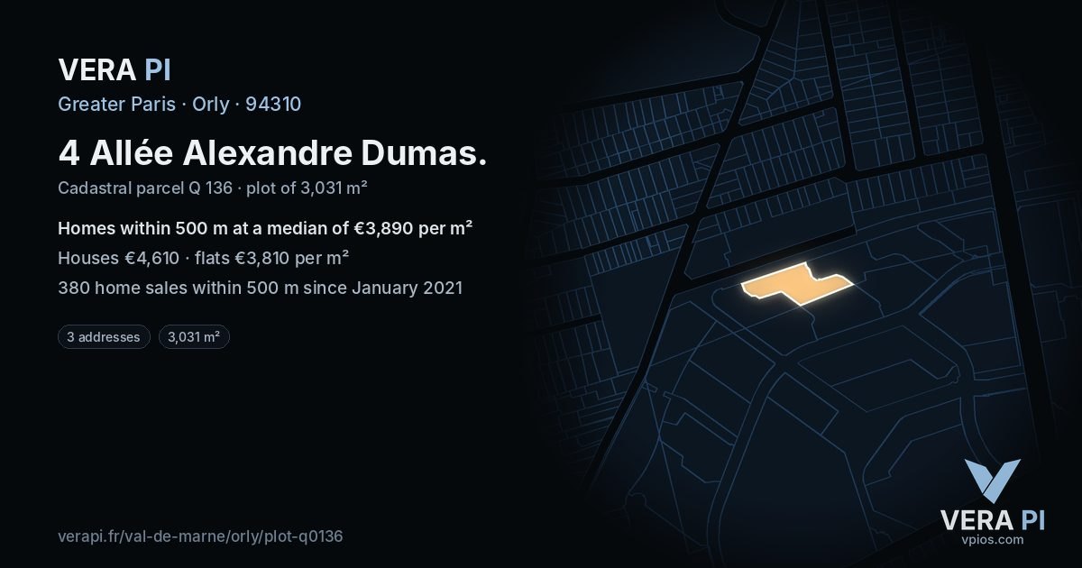 4 Allée Alexandre Dumas, Orly at night – the plot lit, the parcels around coloured by the prices near them