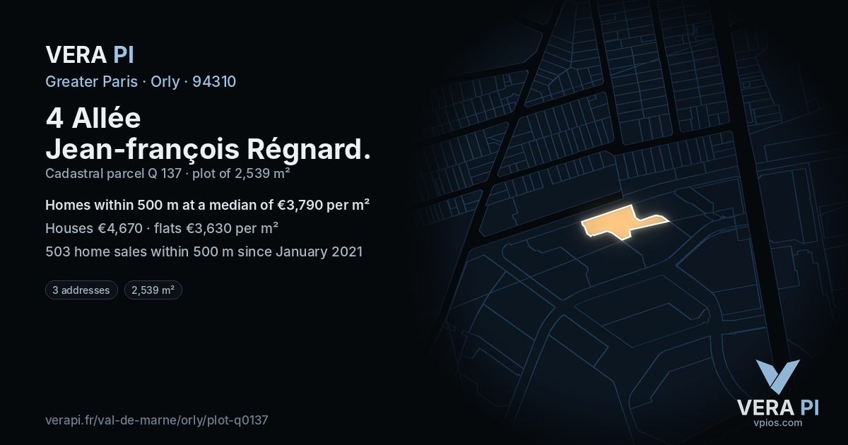 4 Allée Jean-françois Régnard, Orly at night – the plot lit, the parcels around coloured by the prices near them