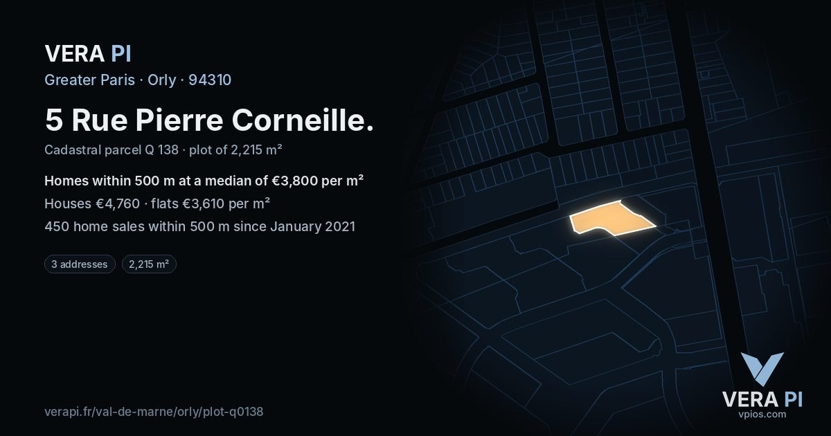 5 Rue Pierre Corneille, Orly at night – the plot lit, the parcels around coloured by the prices near them