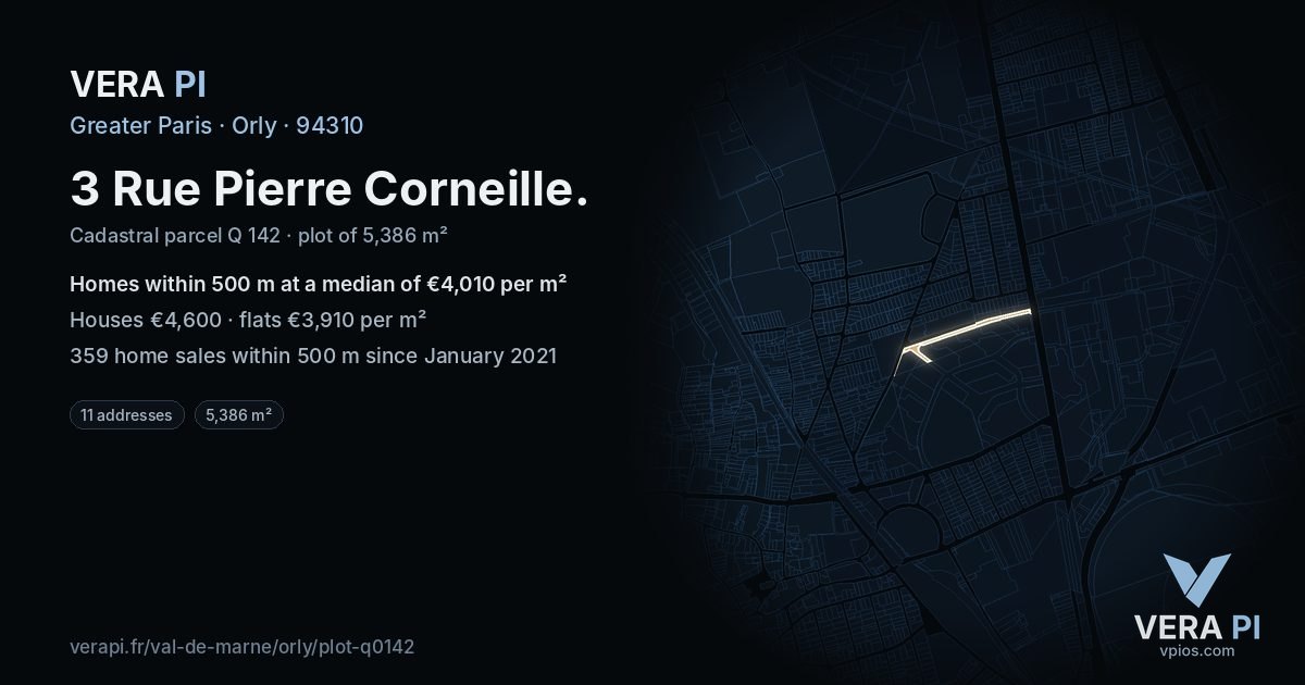 3 Rue Pierre Corneille, Orly at night – the plot lit, the parcels around coloured by the prices near them