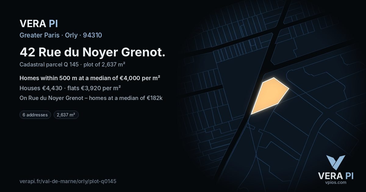 42 Rue du Noyer Grenot, Orly at night – the plot lit, the parcels around coloured by the prices near them
